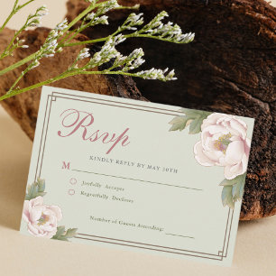 Cartão RSVP Elegante Sage Green Blush Peony Floral Wedding RSV