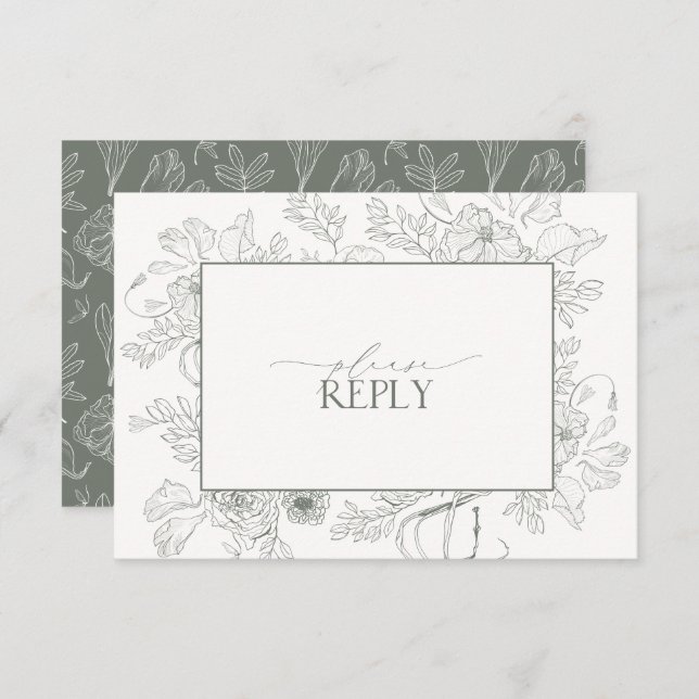 Cartão RSVP Elegante Sage Green Floral Line Art Weding QR Code (Frente/Verso)