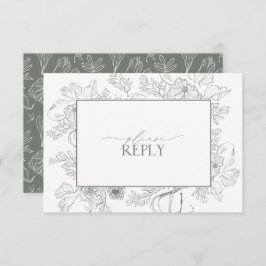 Cartão RSVP Elegante Sage Green Floral Line Art Weding QR Code