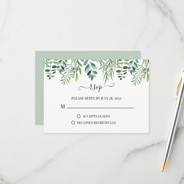 Cartão RSVP Elegante Sage Green Greenery Eucalyptus Wedding RS (Frente/Verso In Situ)