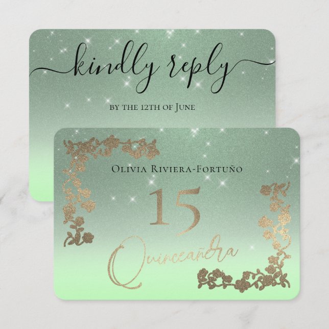 Cartão RSVP Elegante Sage Verde Glitter Quinto Ffloral Quincea (Frente/Verso)