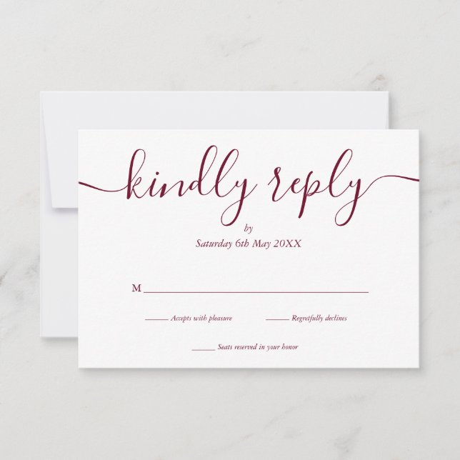 Cartão RSVP Elegante Script Burgundy Simples (Frente)