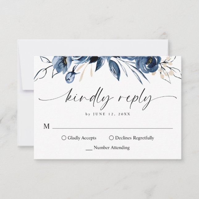 Cartão RSVP Elegante Script de Caligrafia Simples Azul Marinho (Frente)