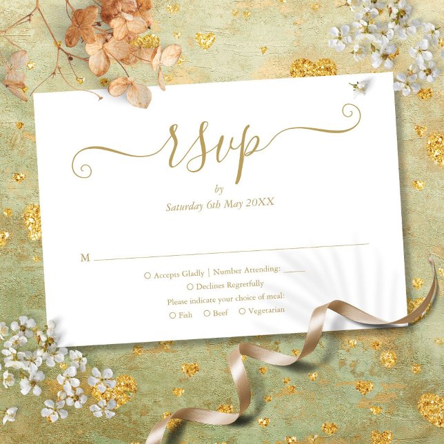Cartão RSVP Elegante Script em Dourado (Elegant Modern Chic Script Gold Wedding RSVP Card)