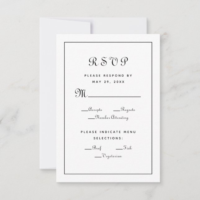Cartão RSVP Elegante Script Meal Choice Black Wedding Enclosur (Frente)