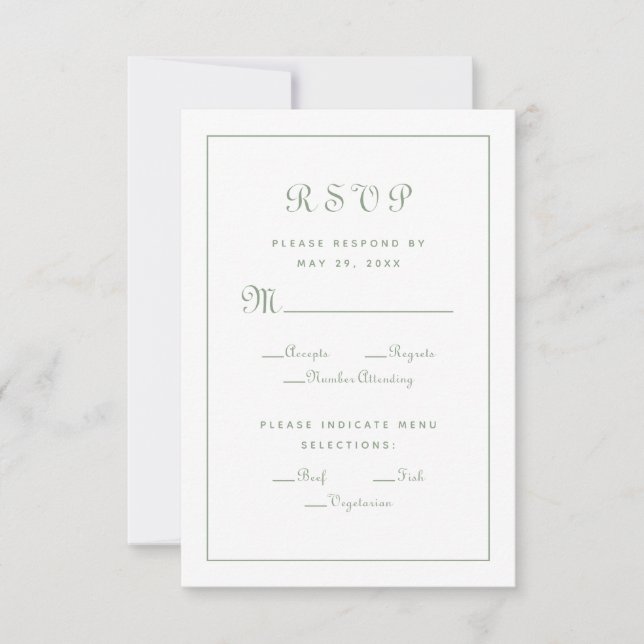 Cartão RSVP Elegante Script Meal Choice Green Wedding Enclosur (Frente)