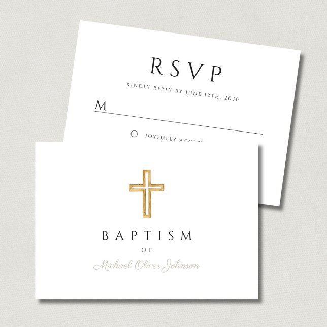 Cartão RSVP Elegante Taupe Escreve Batismo Religioso Cruzado (Elegant Taupe Script Religious Cross Baptism RSVP Card)