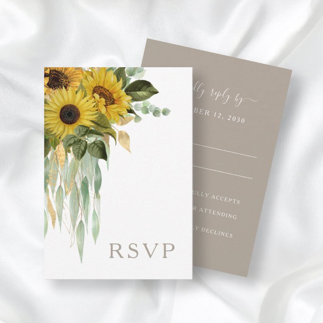 Cartão RSVP Elegante Taupe Floral Sunflower Reception (Criador carregado)