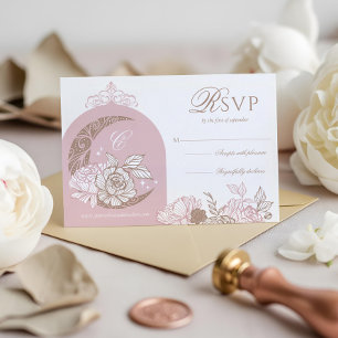 Cartão RSVP Elegante Tiara de Flores Rosa Lua Estrelas Quincea