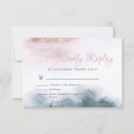Cartão RSVP Elegante Tinta Álcool Blush Azul Aquarela Moderna
