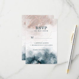 Cartão RSVP Elegante Tinta Alcoólica Dourado Rubor Azul Minima