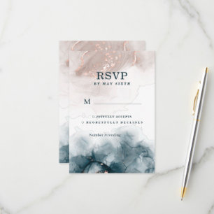 Cartão RSVP Elegante Tinta Alcoólica Dourado Rubor Azul Minima