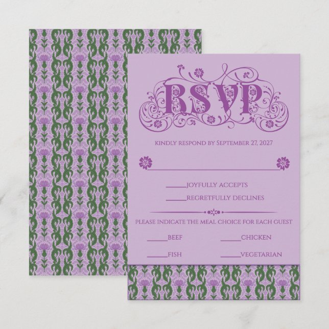 Cartão RSVP Elegante Tísculo Roxo Art Nouveau (Frente/Verso)