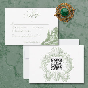 Cartão RSVP Elegante Toile de Sage Verde para Casamento em Man