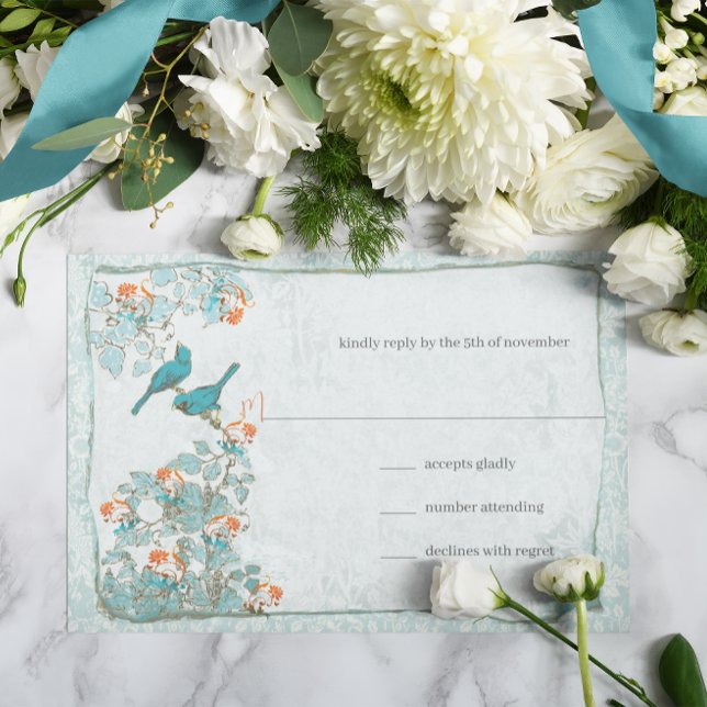 Cartão RSVP Elegante Turquoise Coral Birds Casamento tema dama (Criador carregado)