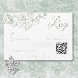 Cartão RSVP Elegante Verde Casamento com Pássaro e Brasão em C