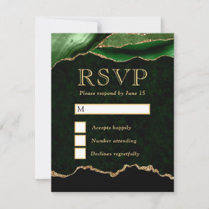 Cartão RSVP Elegante Verde e Ouro Falso Brilho Mármore Ágata