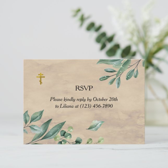 Cartão RSVP Elegante Verde Ortodoxo Funeral (Em pé/Frente)