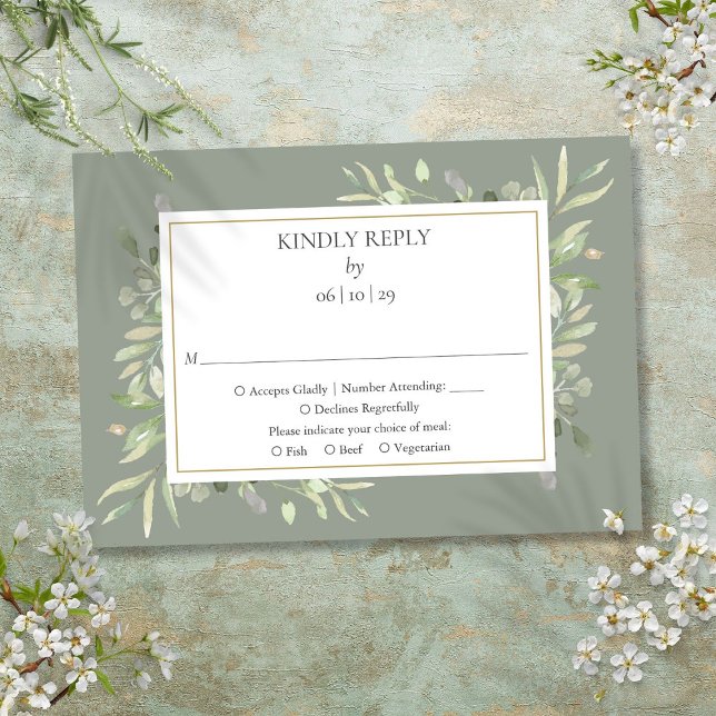 Cartão RSVP Elegante Verde Sage Aquarela Folhagem (Elegant Sage Green Watercolor Greenery RSVP Card)