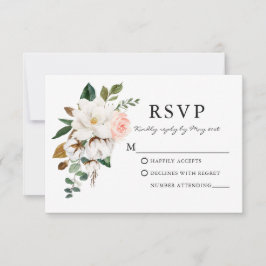 Cartão RSVP Elegante Watercolor Rosa Magnolias Weding