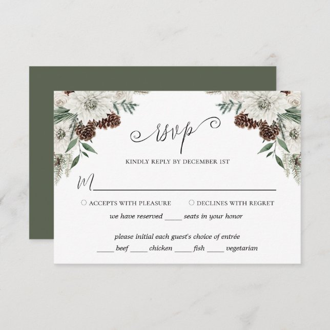 Cartão RSVP Elegante Winter Pine Cone Wedding (Frente/Verso)