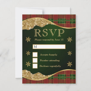 Cartão RSVP Elegante Xadrez Verde e Vermelho de Floco de Neve 