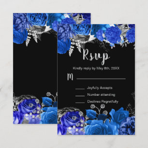Cartão RSVP Elegantes Flores Azuis e Prateadas Sweet Sixteen