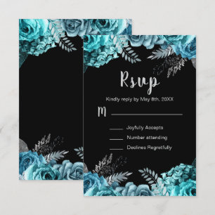 Cartão RSVP Elegantes Flores Azul Turquesa e Prata Sweet Sixte