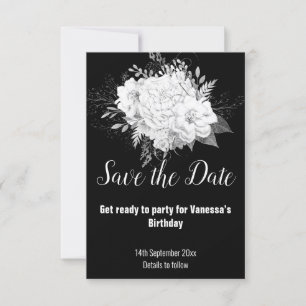 CARTÃO RSVP ELEGANTES FLORES EM PRETO E BRANCO PARA SALVAR A D
