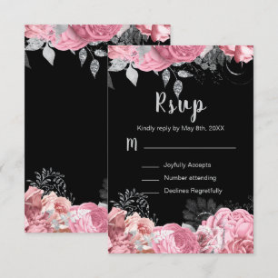 Cartão RSVP Elegantes Flores Rosa e Prata Sweet Sixteen