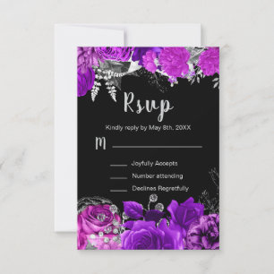 Cartão RSVP Elegantes Flores Roxas e Prateadas Sweet Sixteen