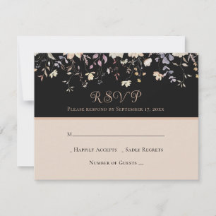 Cartão RSVP Elegantes Flores Silvestres Preto Boho Casamento R