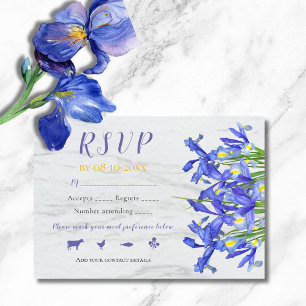 Cartão RSVP Elegantes Íris Azuis Florais Sobre Cinza Mármore C
