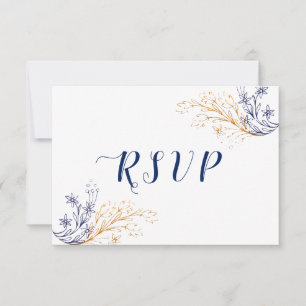 Cartão RSVP Elegantes Rosas Azuis Reais e Flores Douradas Flor