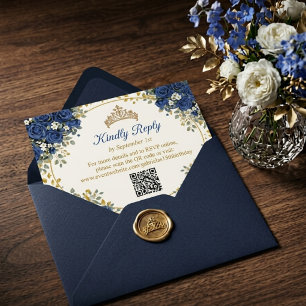Cartão RSVP Elegantes Rosas Azul Real Quinceañera Dourada