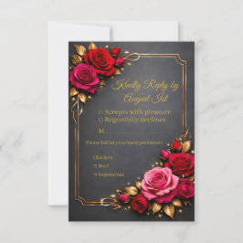 Cartão RSVP Elegantes Rosas Vermelhas Clássicas Rosadas Dourad