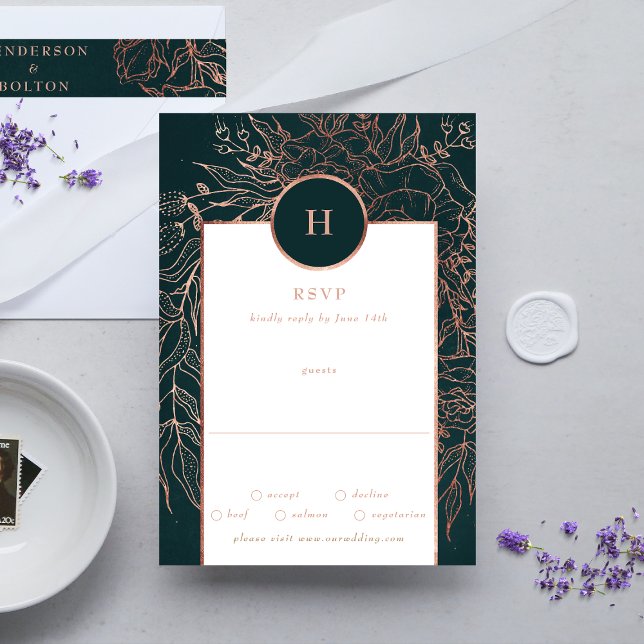 Cartão RSVP Emerald Dusty Rosa Dourado Casamento Monograma Wre (RSVP showcasing suite - additional items (bought separately))