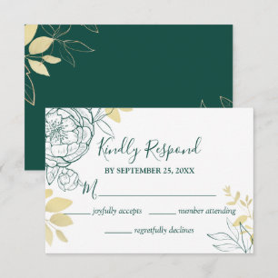 Cartão RSVP Emerald Gree e Dourado Casamento Floral de Peony