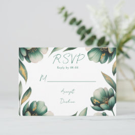Cartão RSVP Emerald Green and Gold Rose Wedding