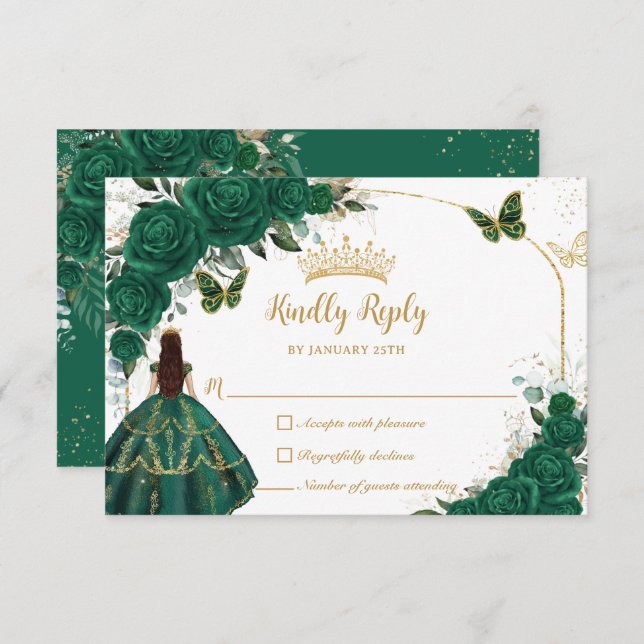 Cartão RSVP Emerald Green Arch Butterflies Quinceañera (Frente/Verso)