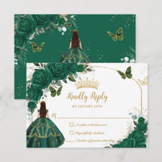 Cartão RSVP Emerald Green Arch Butterflies Quinceañera