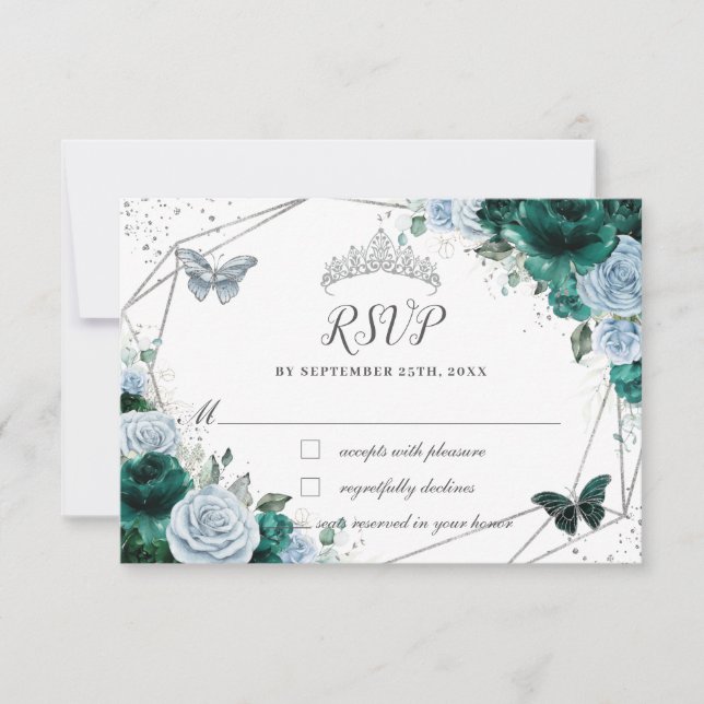 Cartão RSVP Emerald Green Baby Blue Floral Silver Quinceañera (Frente)