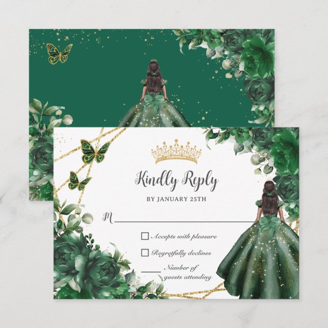 Cartão RSVP Emerald Green Butterflies Princess Quinceañera (Frente/Verso)