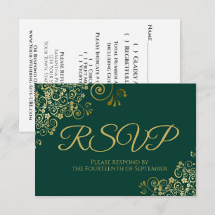 Cartão RSVP Emerald Green com Casamento Dourado Elegante