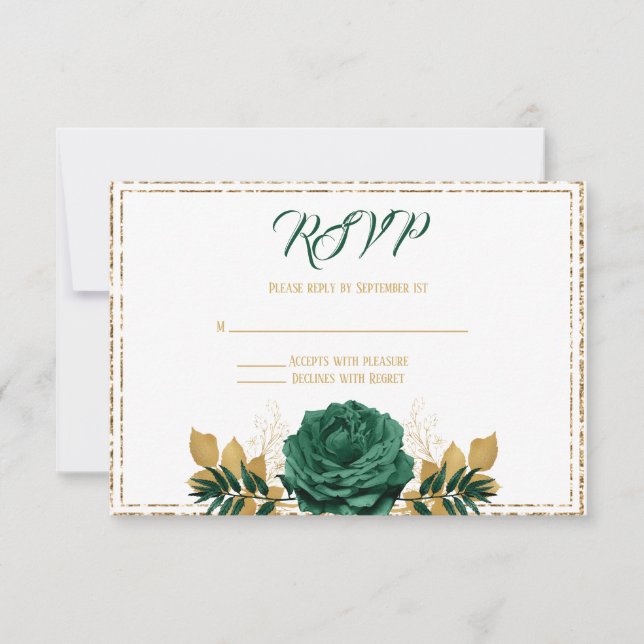 Cartão RSVP Emerald Green e Dourado casamento (Frente)