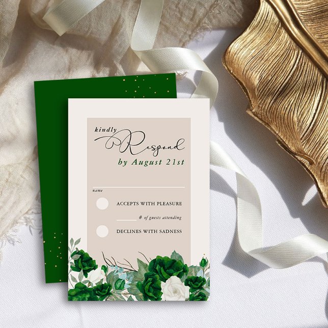 Cartão RSVP Emerald Green e Ivory Rosa Elegant Floral (RSVP Cards from the Royal Rose Emerald Green Quinceanera Collection by Darling & May)