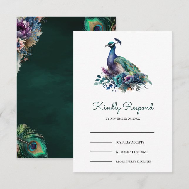 Cartão RSVP Emerald Green Floral Peacock Wedding (Frente/Verso)