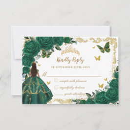 Cartão RSVP Emerald Green Floral Quinceañera Brown Princess