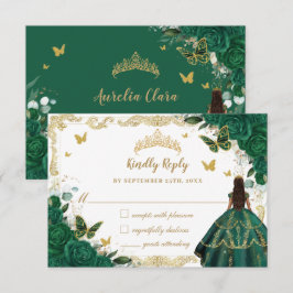 Cartão RSVP Emerald Green Floral Quinceañera Princess Crown