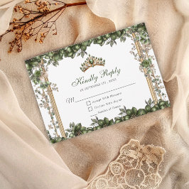 Cartão RSVP Emerald Green Golden Tiara Floral Quinceañera